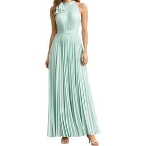 Azazie Bridesmaid Dress Maxi Pleated Sleeveless Mock Neck Bow Mint A4